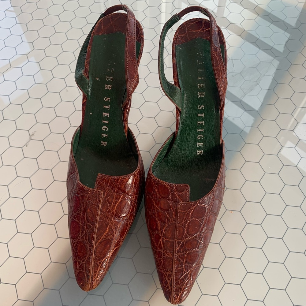 Sling Back Embossed Leather Pumps